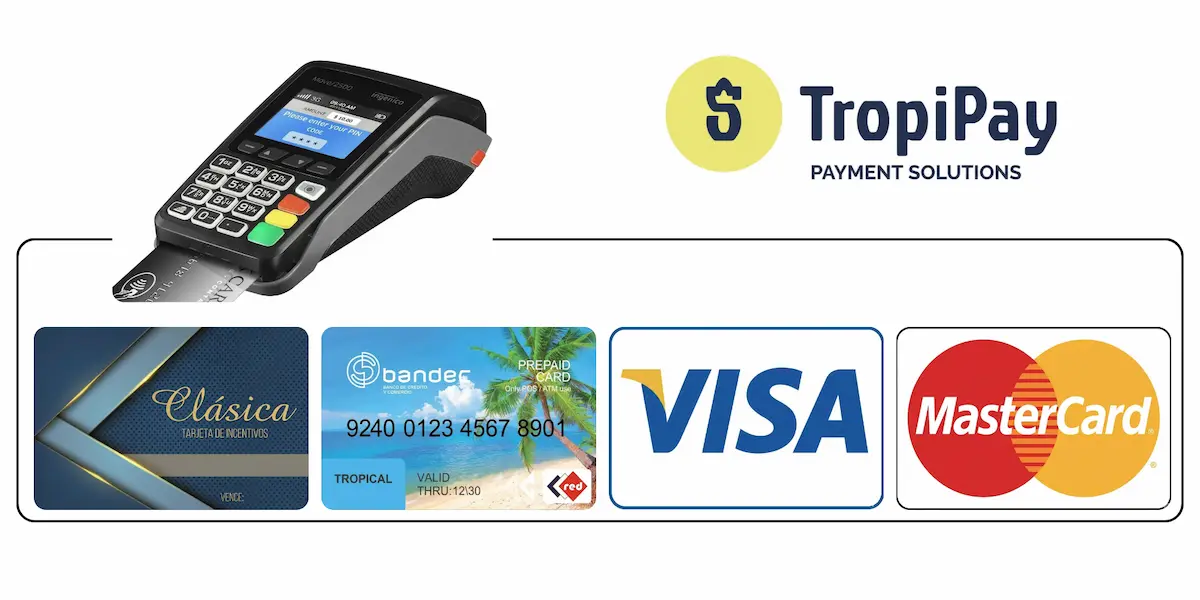 En BDC One puede pagar por TPV haciendo uso de su tarjeta Clásica, Tropical, Visa o MasterCard. también puede hacer uso de la plataforma TropiPay.