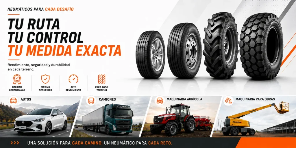 Banner de neumáticos para cada desafío mostrando opciones para autos, camiones, maquinaria agrícola y de obras