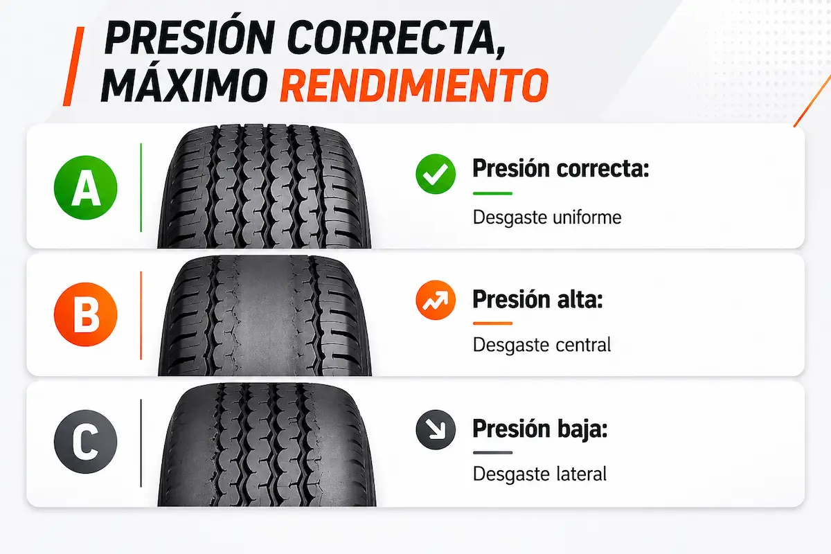 Infografía sobre el desgaste de neumáticos según la presión: correcta con desgaste uniforme, alta con desgaste central y baja con desgaste lateral